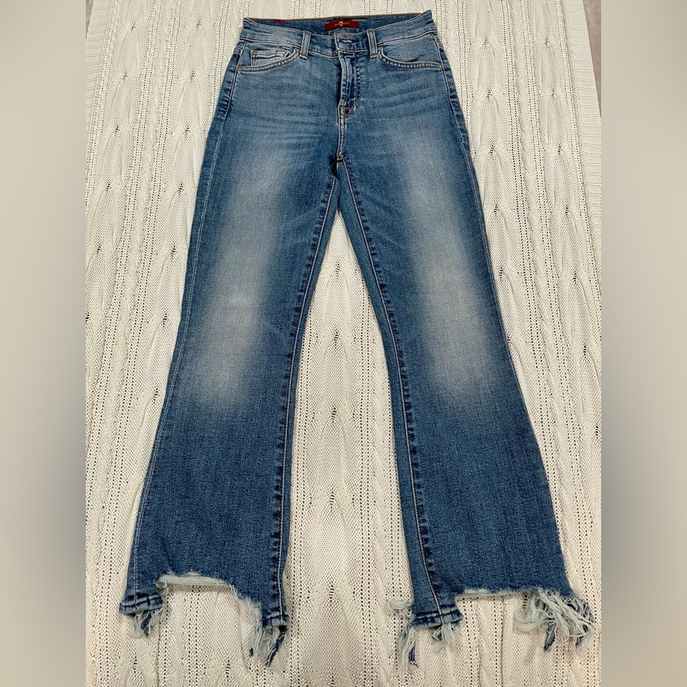 7 For All Mankind Frayed Hem Flare Jeans 24 Blue - Picture 1 of 9